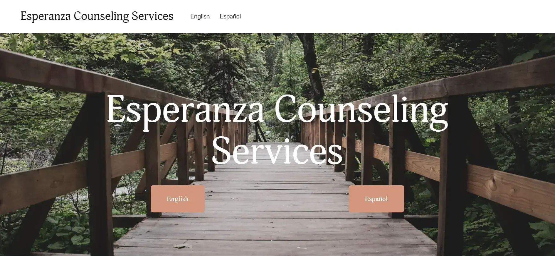 Esperanza Counseling Landing page for Esperanza Counseling website with bridge and surrounding trees.